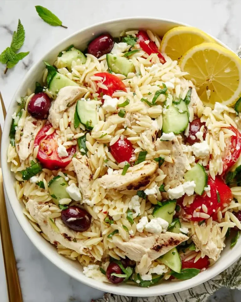 Greek Lemon Chicken Orzo Salad with cucumber, tomatoes, olives, and feta in a white bowl with lemon slices.