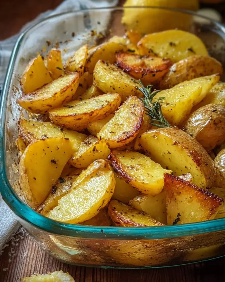 Golden roasted Greek Lemon Potatoes in a glass baking dish, garnished with fresh rosemary and herbs.