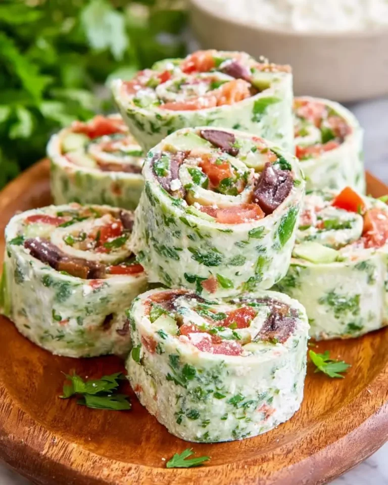 Stacked greek salad pinwheels with spinach tortillas, feta, tomatoes, olives, and herbs on a wooden board.