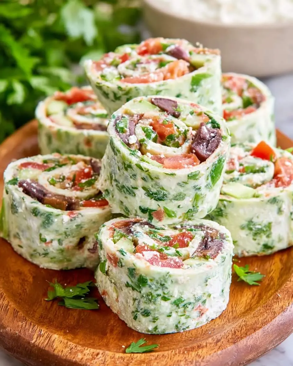 Stacked greek salad pinwheels with spinach tortillas, feta, tomatoes, olives, and herbs on a wooden board.