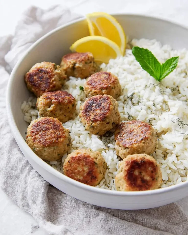 Greek turkey meatballs with lemon herb rice served in a white bowl with lemon wedges and fresh mint.