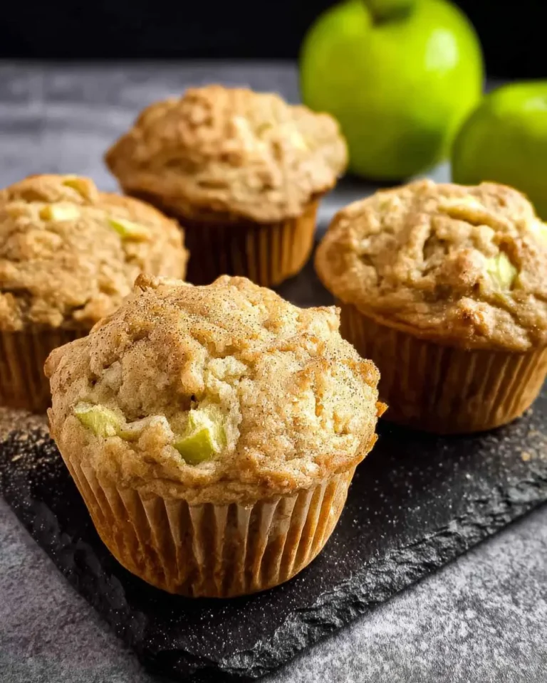 Freshly baked green apple muffins with visible apple chunks and cinnamon sugar topping arranged on a slate board.