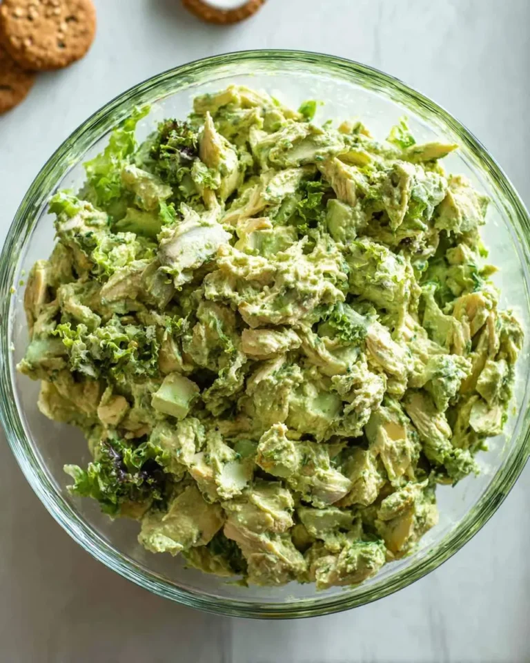 A glass bowl filled with creamy green goddess chicken salad, featuring shredded chicken, avocado, and fresh herbs.