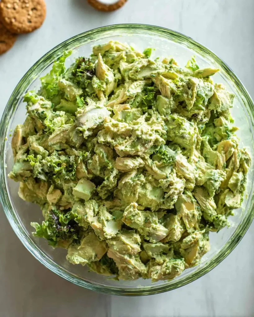 A glass bowl filled with creamy green goddess chicken salad, featuring shredded chicken, avocado, and fresh herbs.