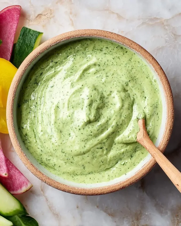 Creamy Green Goddess dip in a ceramic bowl with a wooden spoon, surrounded by fresh vegetable crudités.