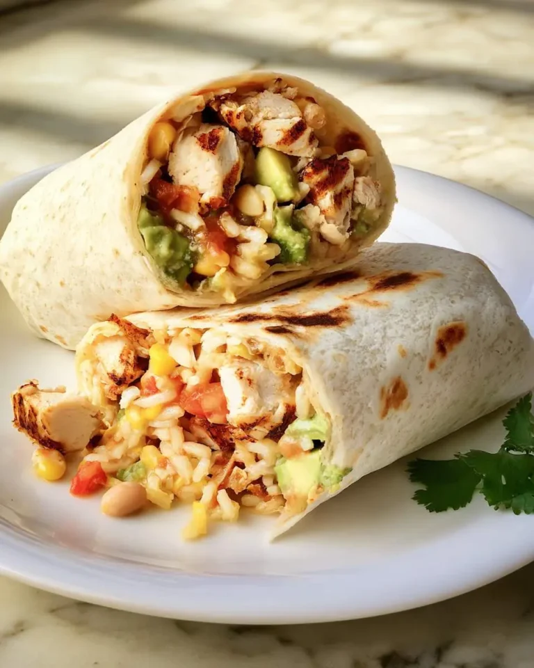 Two grilled chicken burritos cut in half and stacked on a white plate, showing rice, avocado, corn, and beans inside.
