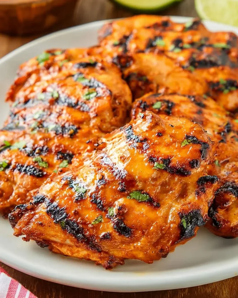 Juicy Grilled Honey Chipotle Chicken thighs with char marks, garnished with fresh cilantro on a white plate.