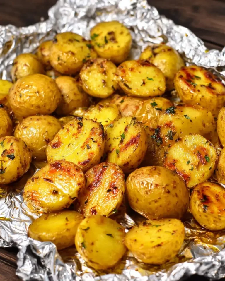 Golden Grilled Potatoes in Foil seasoned with herbs and spices, served in aluminum foil.