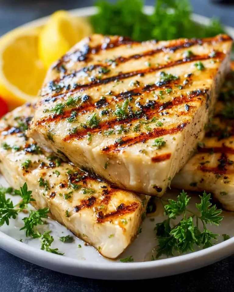 Grilled Swordfish steaks with char marks, garnished with fresh herbs and lemon wedges on a white plate.