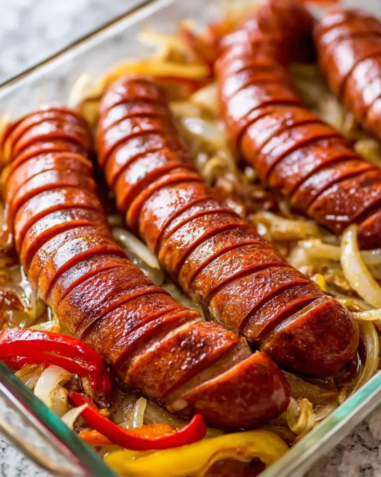 Hasselback kielbasa with caramelized onions and peppers arranged in a glass baking dish.
