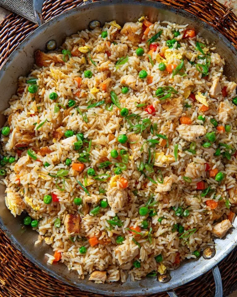 A large skillet filled with colorful Hibachi-Style Fried Rice featuring chicken, peas, carrots, eggs, and green onions.