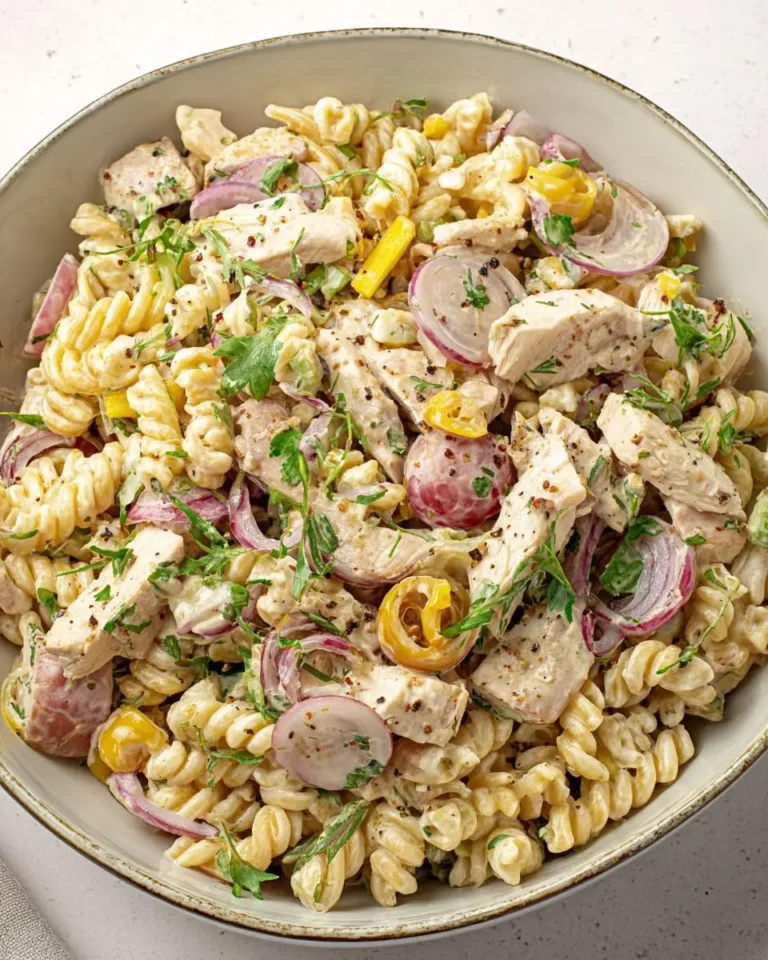 Honey mustard chicken pasta salad with rotini, sliced chicken, red onion, herbs, and creamy dressing in a bowl.