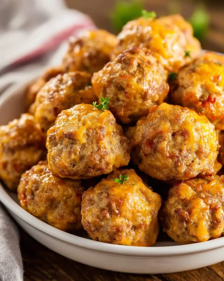 A plate of golden brown Hot Sausage Balls with Rotel and Cheddar, garnished with fresh parsley.