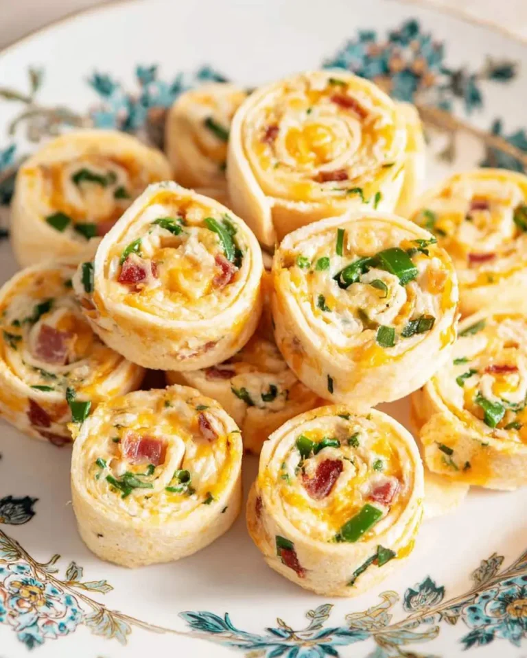 Stack of jalapeno popper pinwheels showing spiral layers of cream cheese, cheddar, bacon, and green jalapenos on a decorative plate.