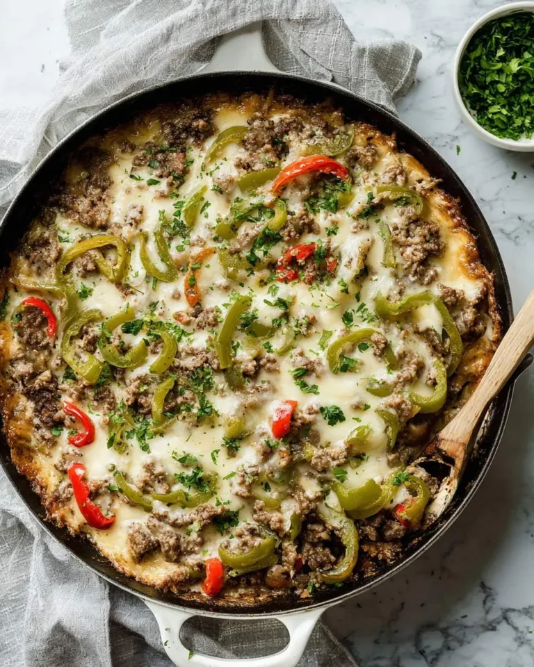 Keto Philly Cheesesteak Casserole in a cast iron skillet topped with melted cheese, peppers, and ground beef.