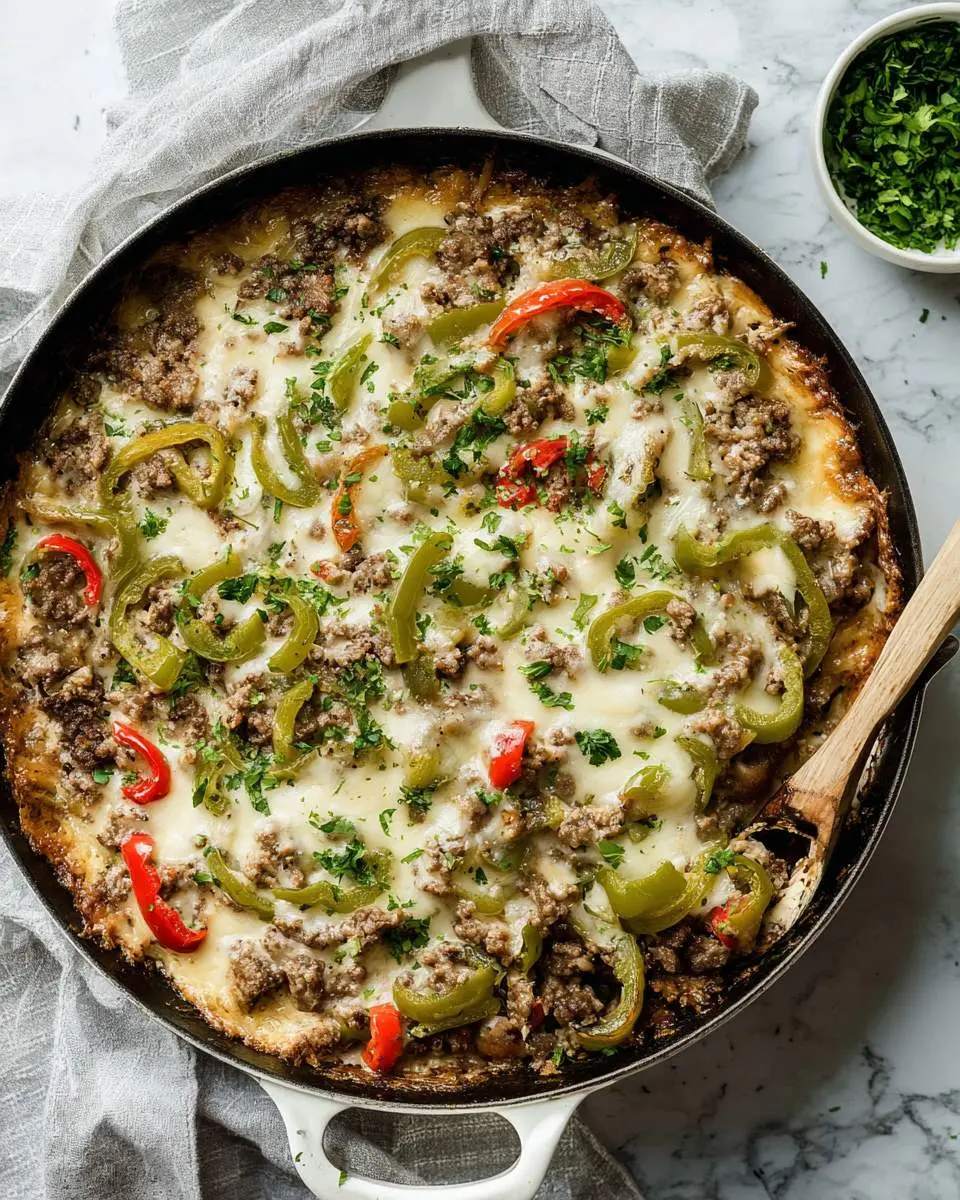 Keto Philly Cheesesteak Casserole in a cast iron skillet topped with melted cheese, peppers, and ground beef.