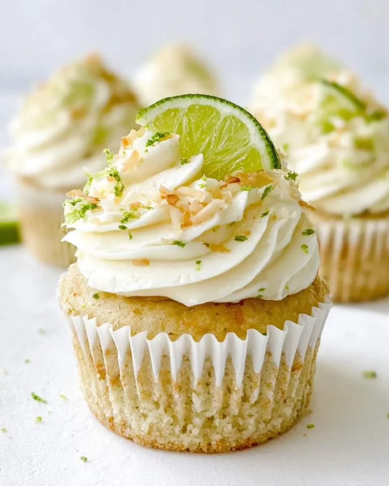 Key Lime Coconut Cupcake topped with creamy frosting, toasted coconut flakes, and a fresh lime slice.