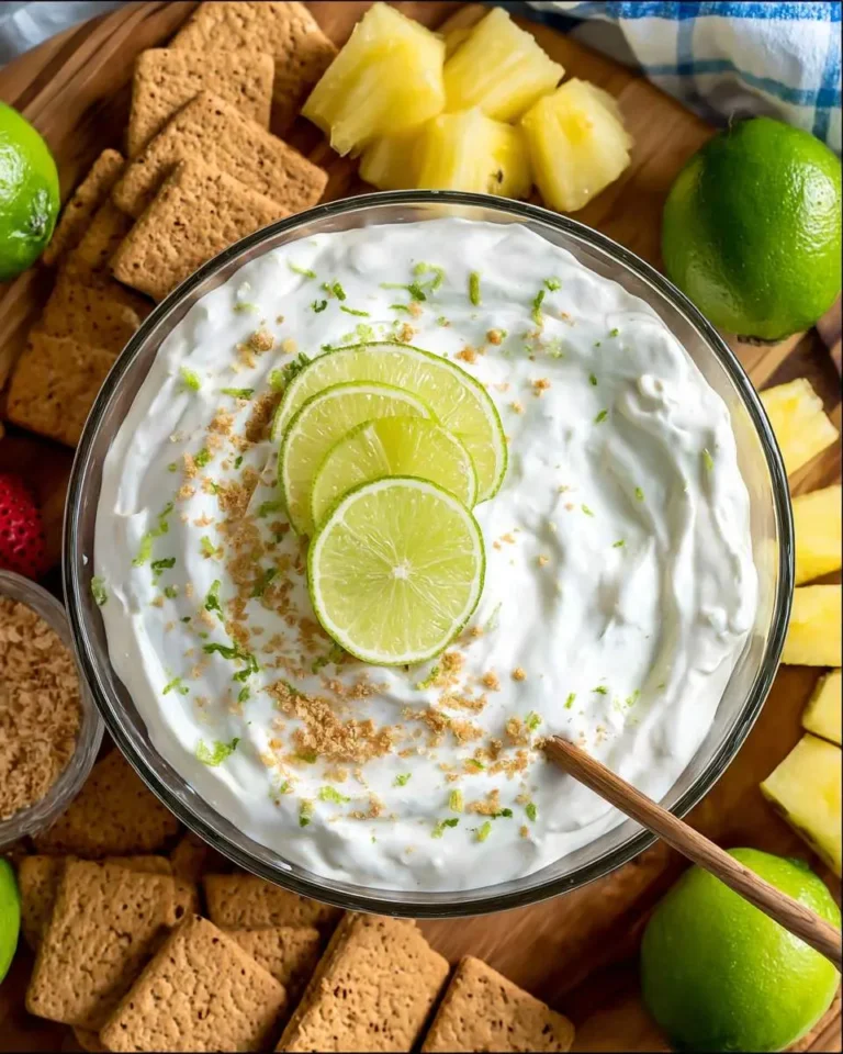 Creamy Key Lime Pie Fruit Dip topped with lime slices and graham cracker crumbs, served with pineapple and graham crackers.