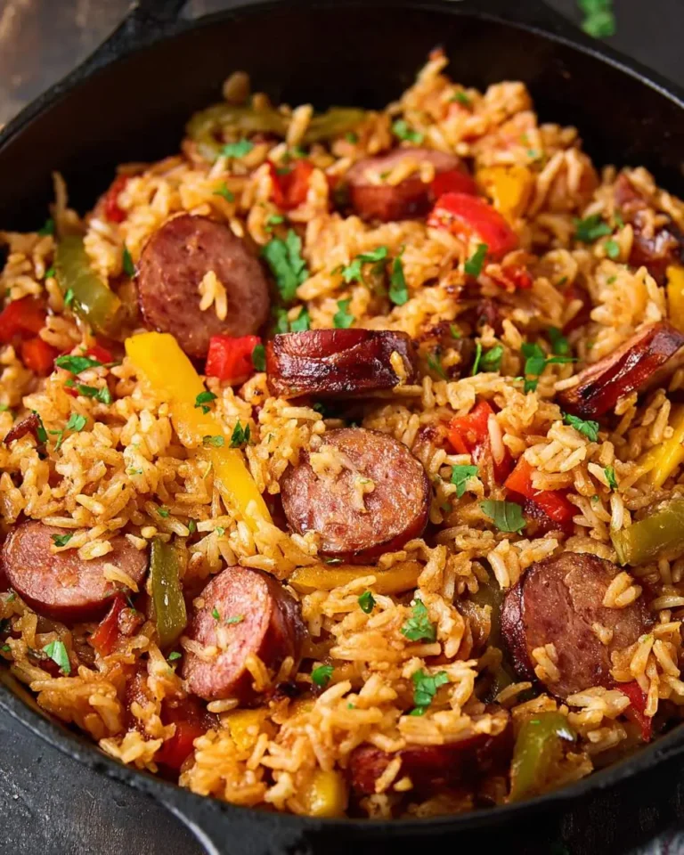 Kielbasa and Rice Skillet with colorful bell peppers and fresh herbs in a cast iron pan.