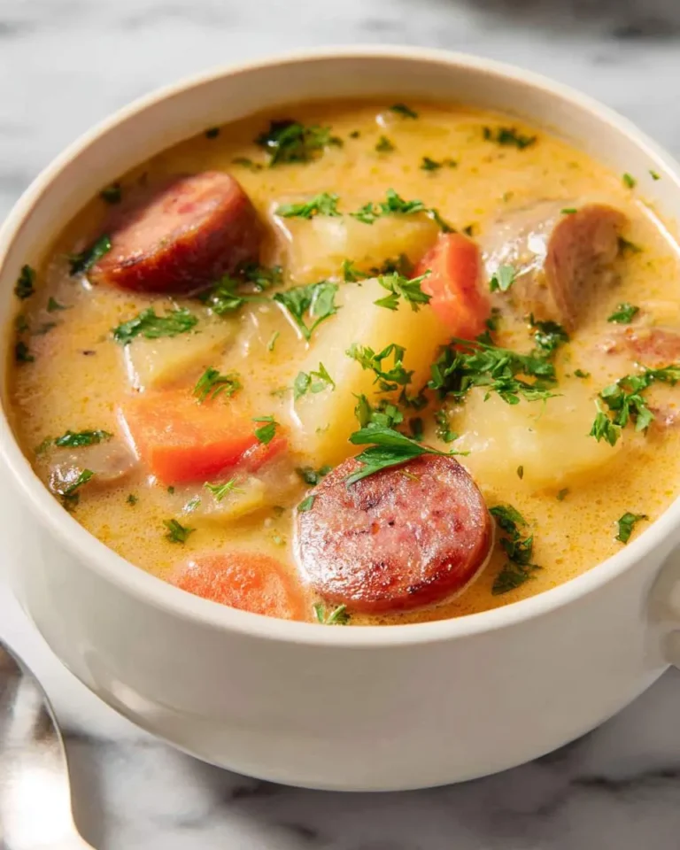 A bowl of creamy Kielbasa Sausage Potato Soup with sliced sausage, potatoes, carrots, and fresh parsley garnish.