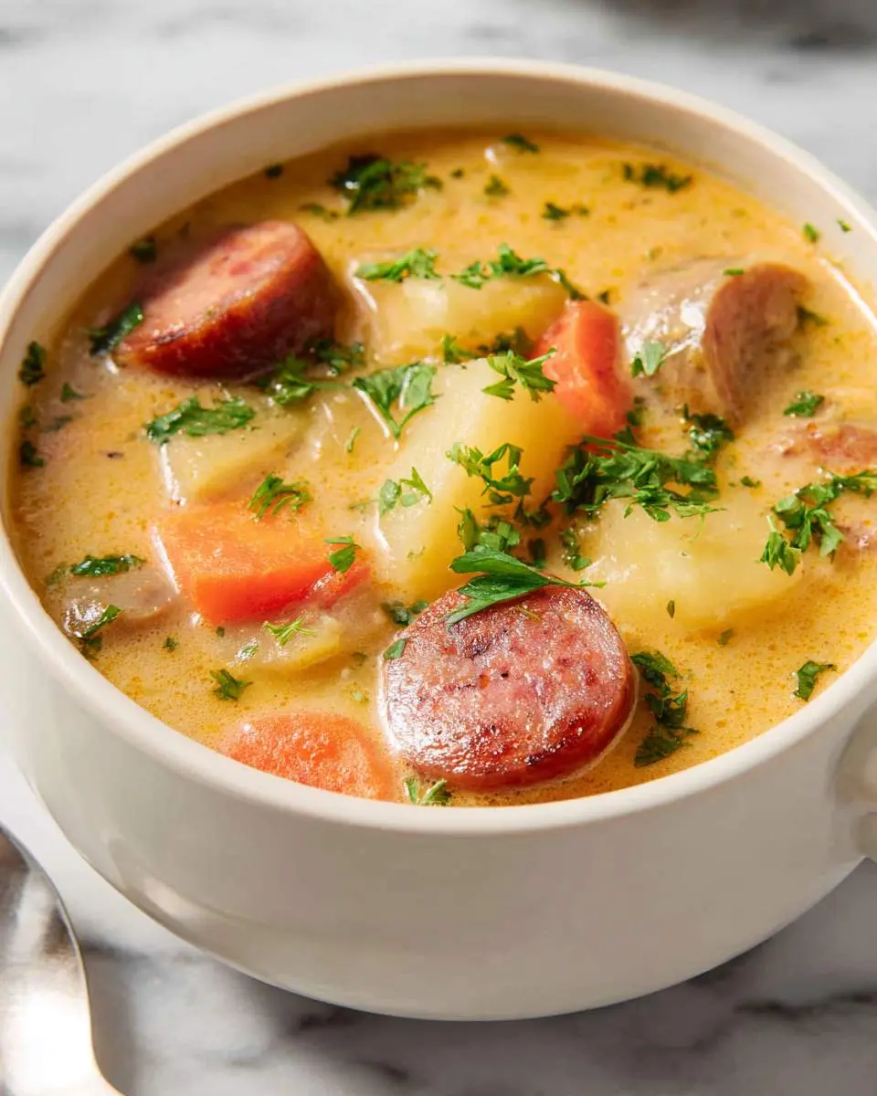 A bowl of creamy Kielbasa Sausage Potato Soup with sliced sausage, potatoes, carrots, and fresh parsley garnish.
