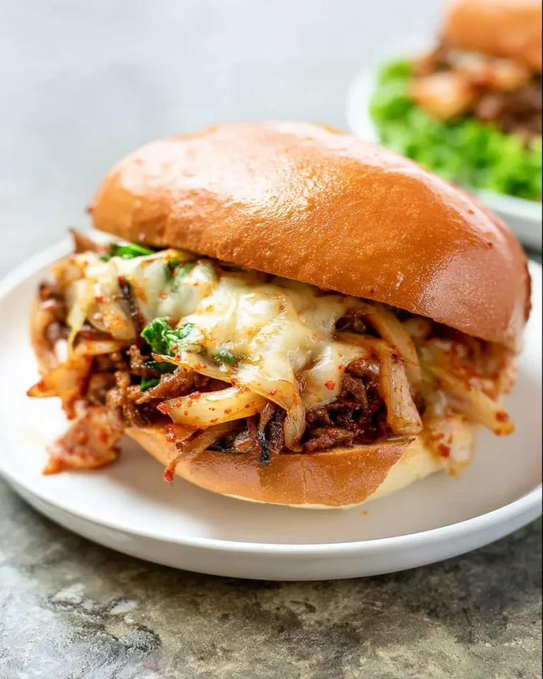 A Kimchi Bulgogi Cheesesteak sandwich with melted cheese, caramelized onions, and kimchi on a brioche bun.