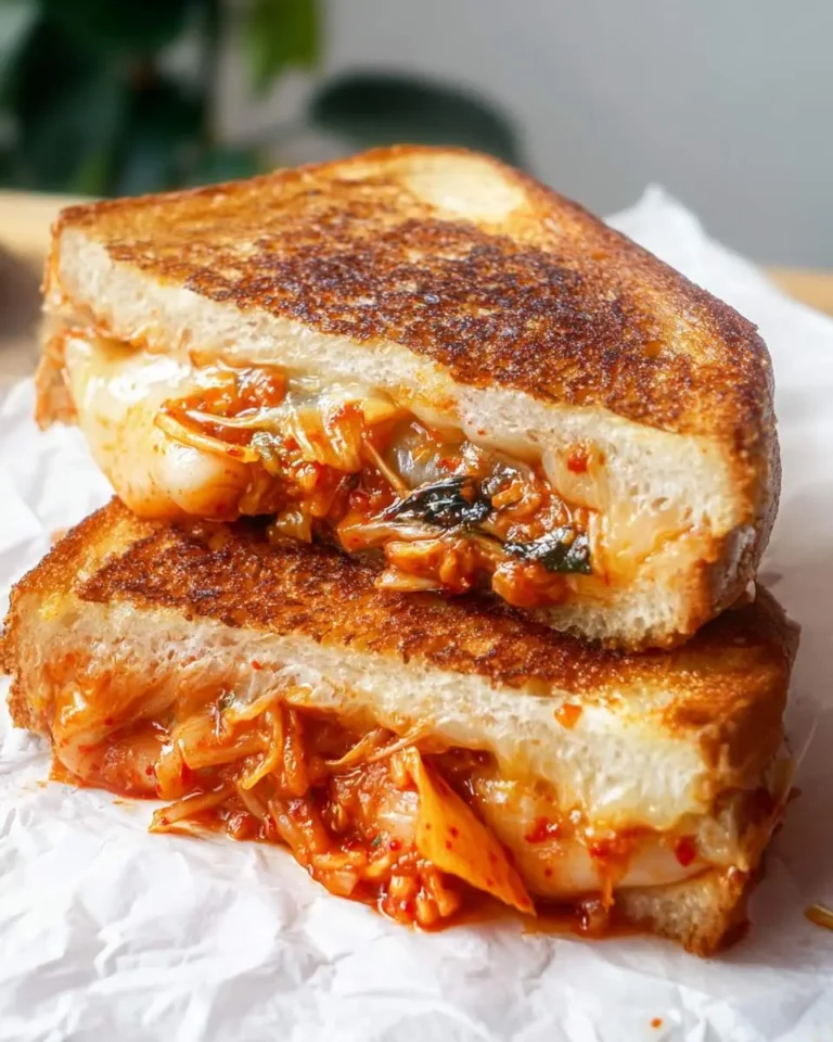 A kimchi grilled cheese sandwich cut in half and stacked, showing melted cheese and spicy kimchi filling between golden toasted bread.