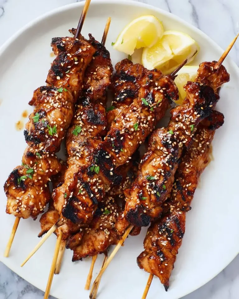 Grilled Korean BBQ Chicken Skewers on a white plate garnished with sesame seeds, herbs, and lemon wedges.