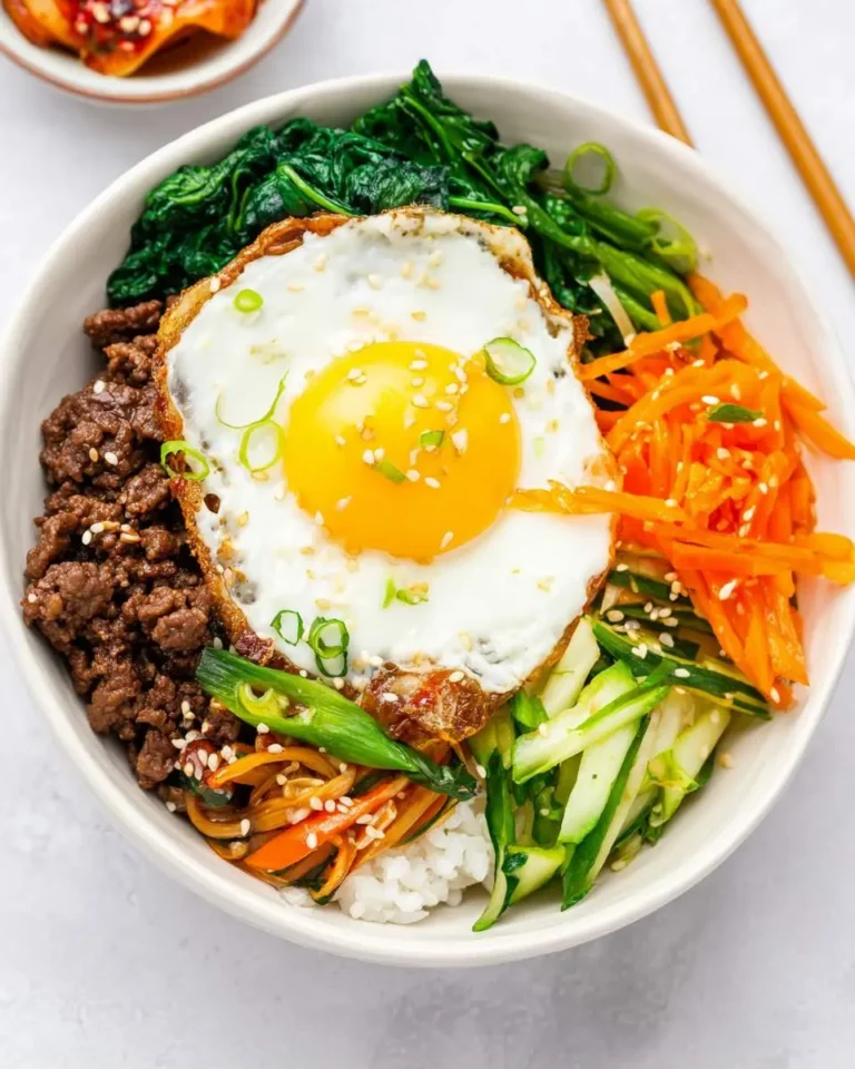 Korean Bibimbap Beef Bowl with rice, seasoned ground beef, fresh vegetables, and a sunny-side-up egg topped with sesame seeds.