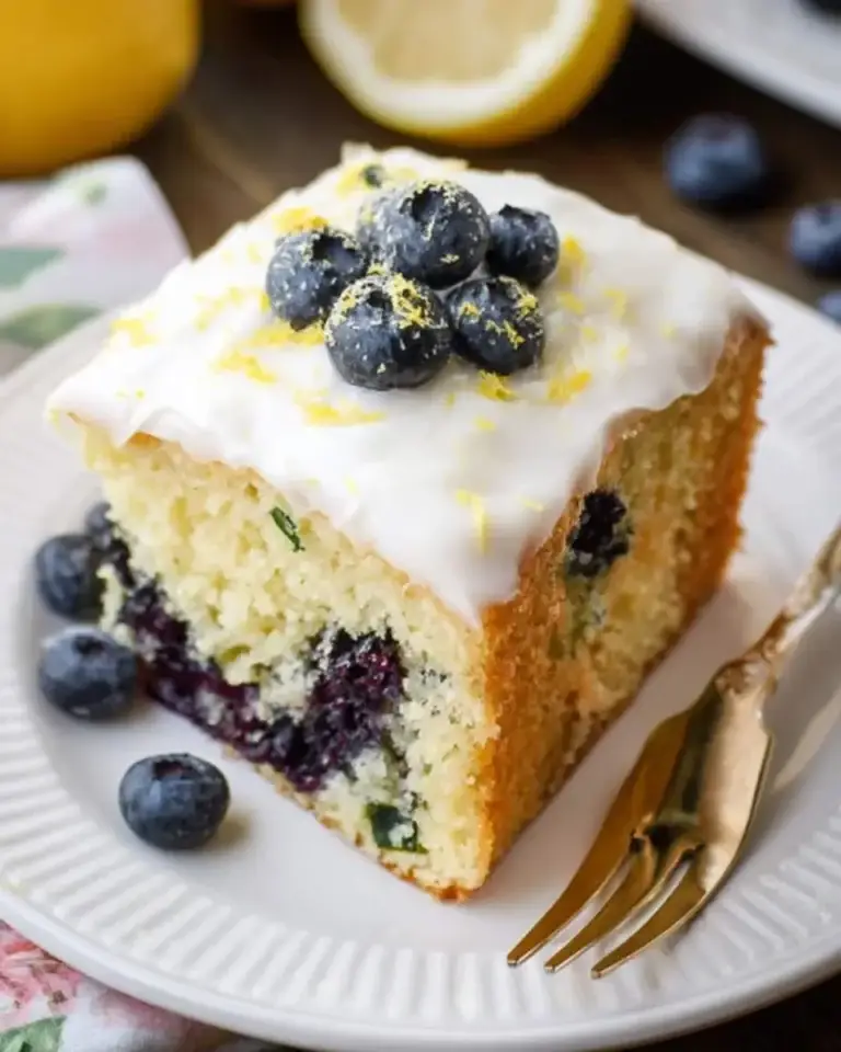 A slice of lemon blueberry zucchini cake topped with white glaze, fresh blueberries, and lemon zest on a white plate.