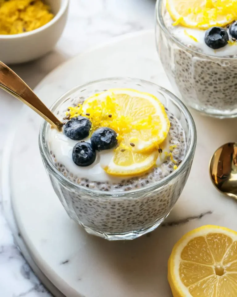 Glass cup filled with lemon chia seed pudding topped with yogurt, fresh blueberries, and lemon slices on a marble surface.