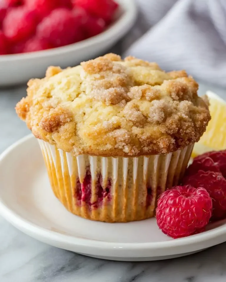 A freshly baked lemon raspberry muffin with crumb topping sits on a white plate with fresh raspberries and a lemon slice.