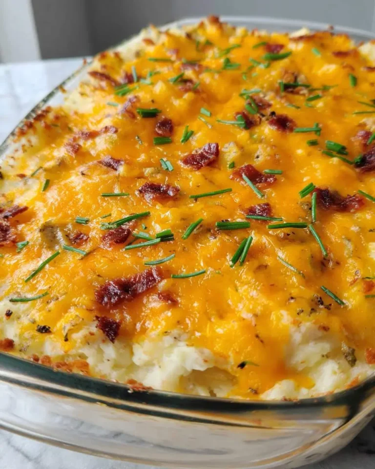Loaded Baked Potato Casserole topped with melted cheddar cheese, crispy bacon bits, and fresh chives in a glass baking dish.
