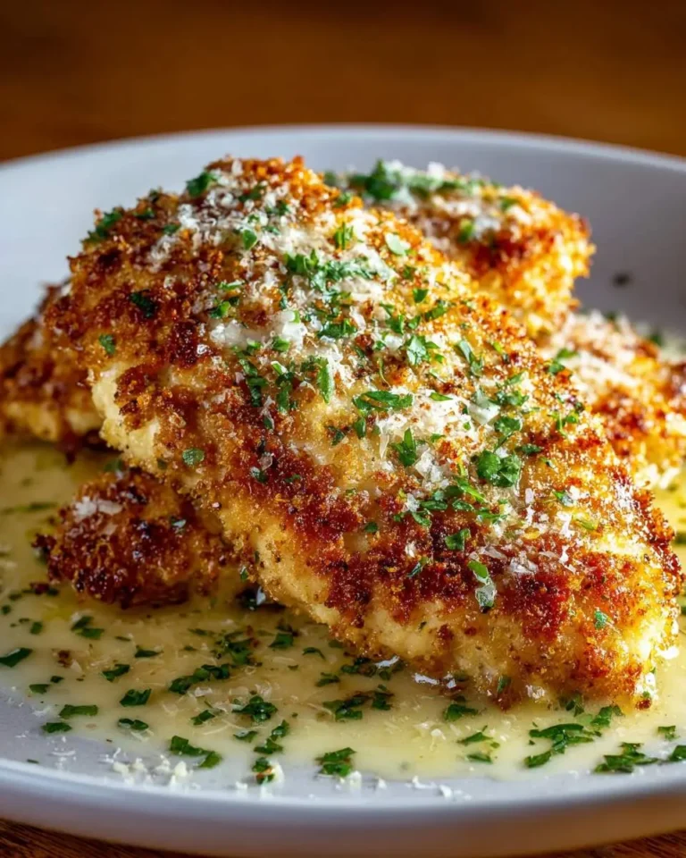 Golden crispy Longhorn Steakhouse Parmesan Chicken topped with fresh herbs and grated cheese on a white plate.