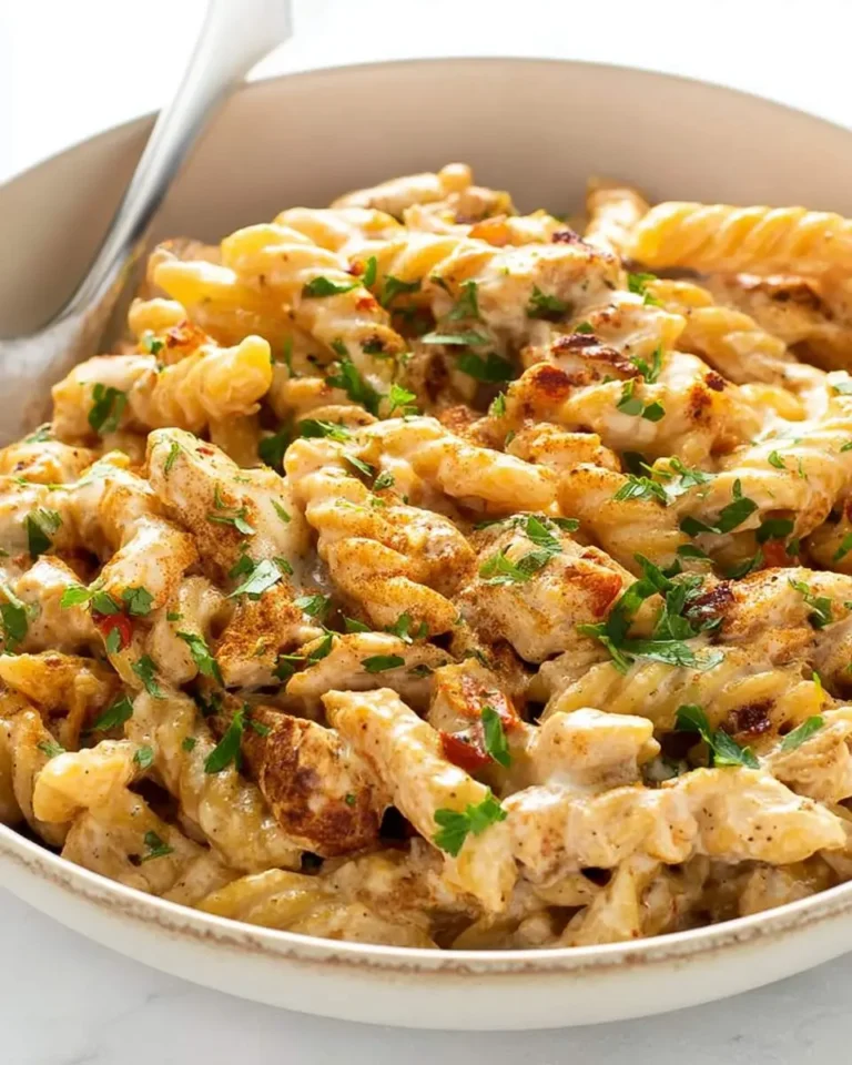 Louisiana Chicken Pasta Bake in a white bowl with creamy sauce, herbs, and a serving spoon.