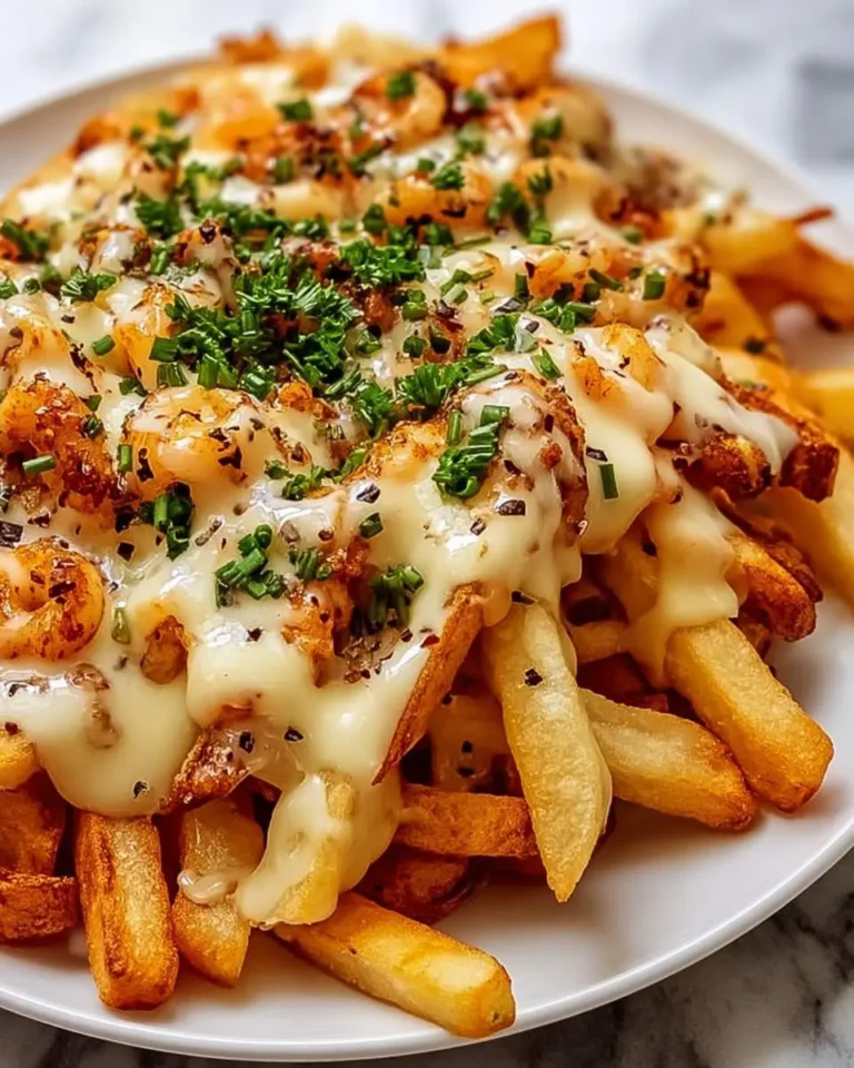 Golden crispy Louisiana Voodoo Fries Recipe topped with creamy cheese sauce, shrimp, and fresh chives on a white plate.