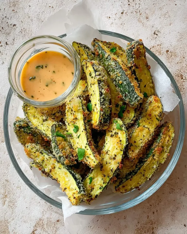 Low Carb Air Fryer Zucchini fries with crispy coating served with creamy dipping sauce in a glass bowl.