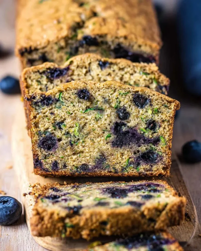 Sliced loaf of low carb Blueberry Banana Zucchini Bread showing moist texture with blueberries and green zucchini flecks.
