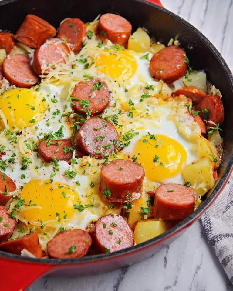 Low-Carb Breakfast Kielbasa and Eggs skillet with sunny-side-up eggs, sliced sausage, potatoes, and fresh herbs.