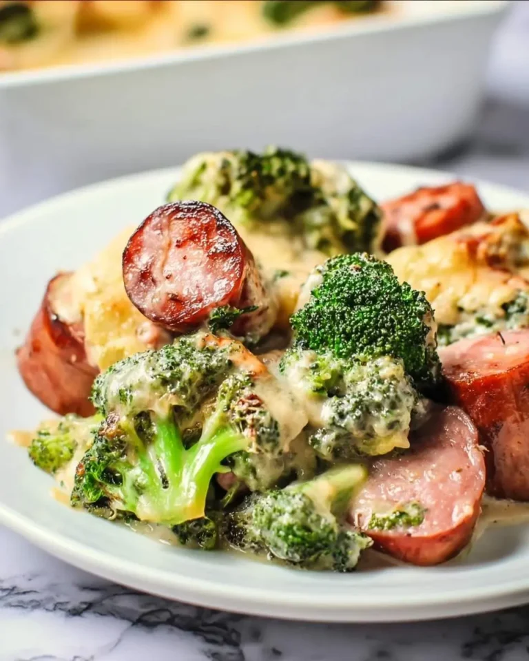 A plate of creamy Low Carb Broccoli and Smoked Sausage Casserole with melted cheese and tender broccoli florets.