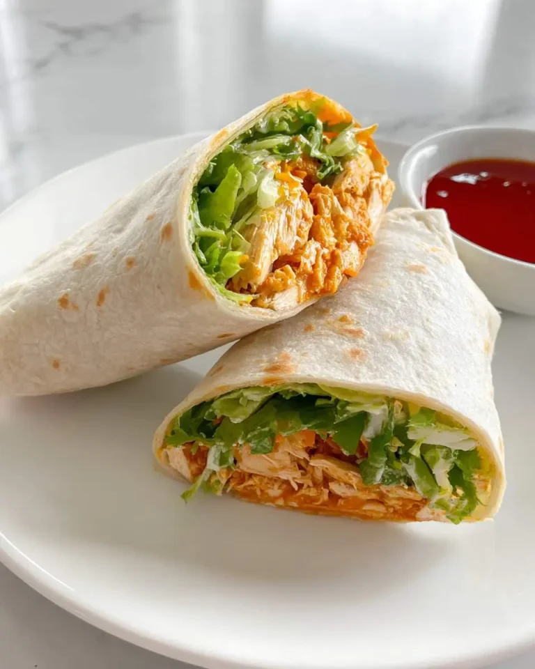 Two low carb buffalo chicken wraps cut in half and stacked on a white plate with a side of hot sauce.