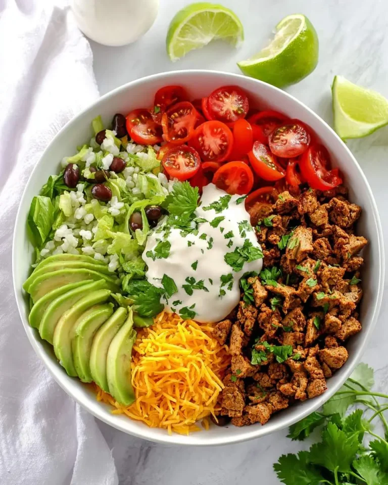 A colorful low carb burrito bowl with seasoned ground turkey, fresh vegetables, avocado, cheese, and sour cream in a white bowl.