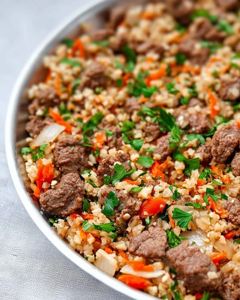 Close-up of Low Carb Cauliflower Rice With Ground Beef in a skillet, topped with fresh herbs and diced vegetables.
