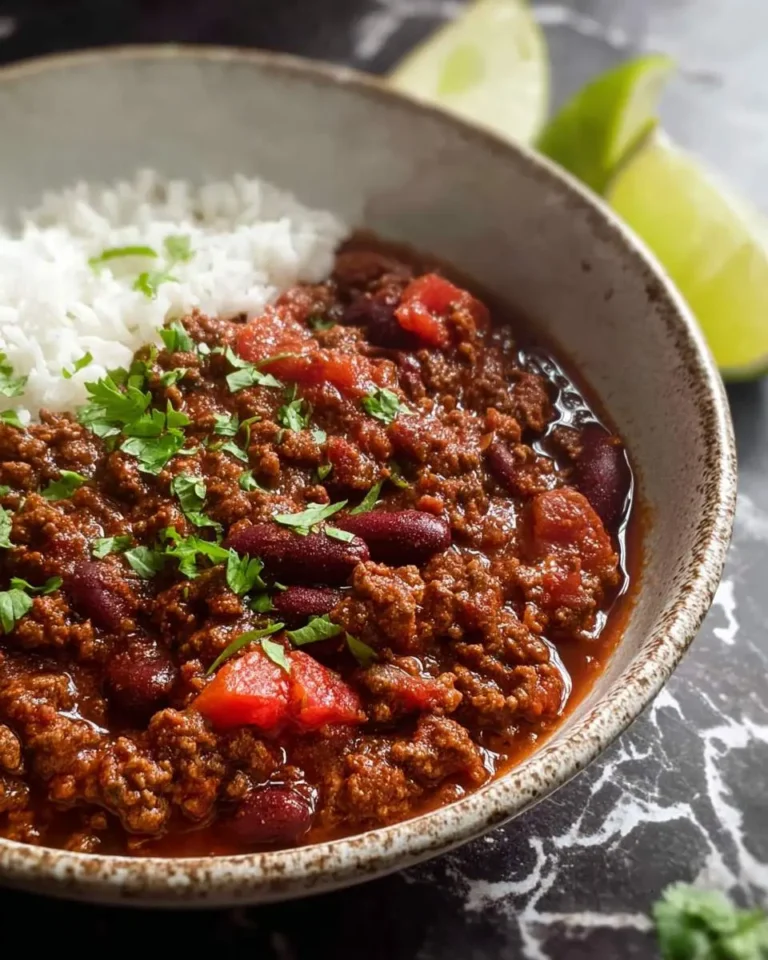 A bowl of Low Carb chilli con carne served with white rice, garnished with fresh cilantro and lime wedges in the background.