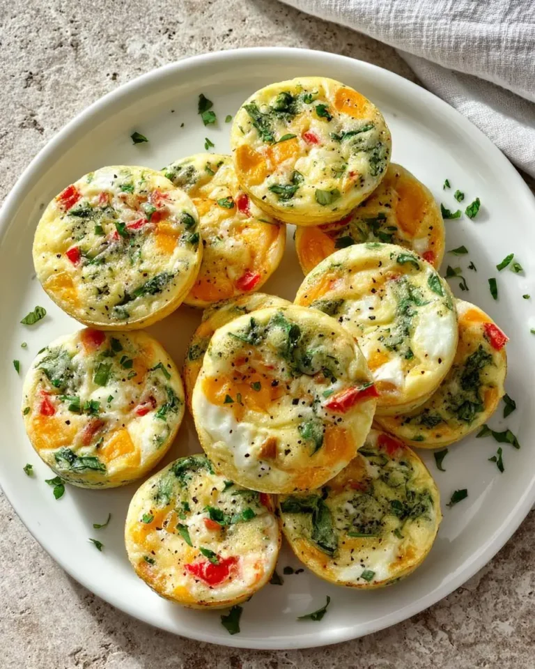 A white plate stacked with colorful Low Carb Egg White Bites featuring spinach, red peppers, and melted cheese.