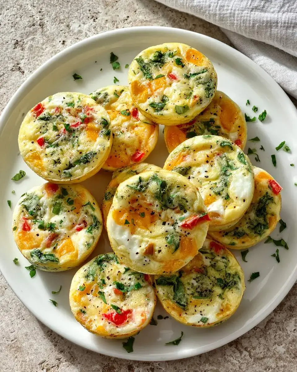 A white plate stacked with colorful Low Carb Egg White Bites featuring spinach, red peppers, and melted cheese.