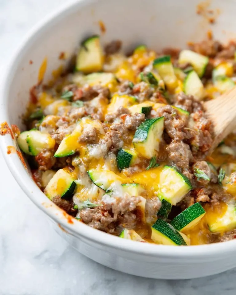 Low Carb Ground Beef Zucchini Casserole Recipe with melted cheese in a white baking dish and wooden spoon.