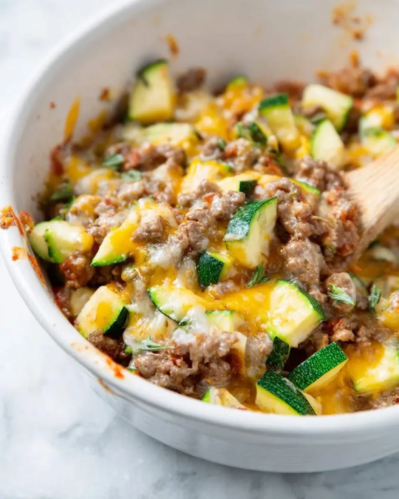Low Carb Ground Beef Zucchini Casserole Recipe with melted cheese in a white baking dish and wooden spoon.