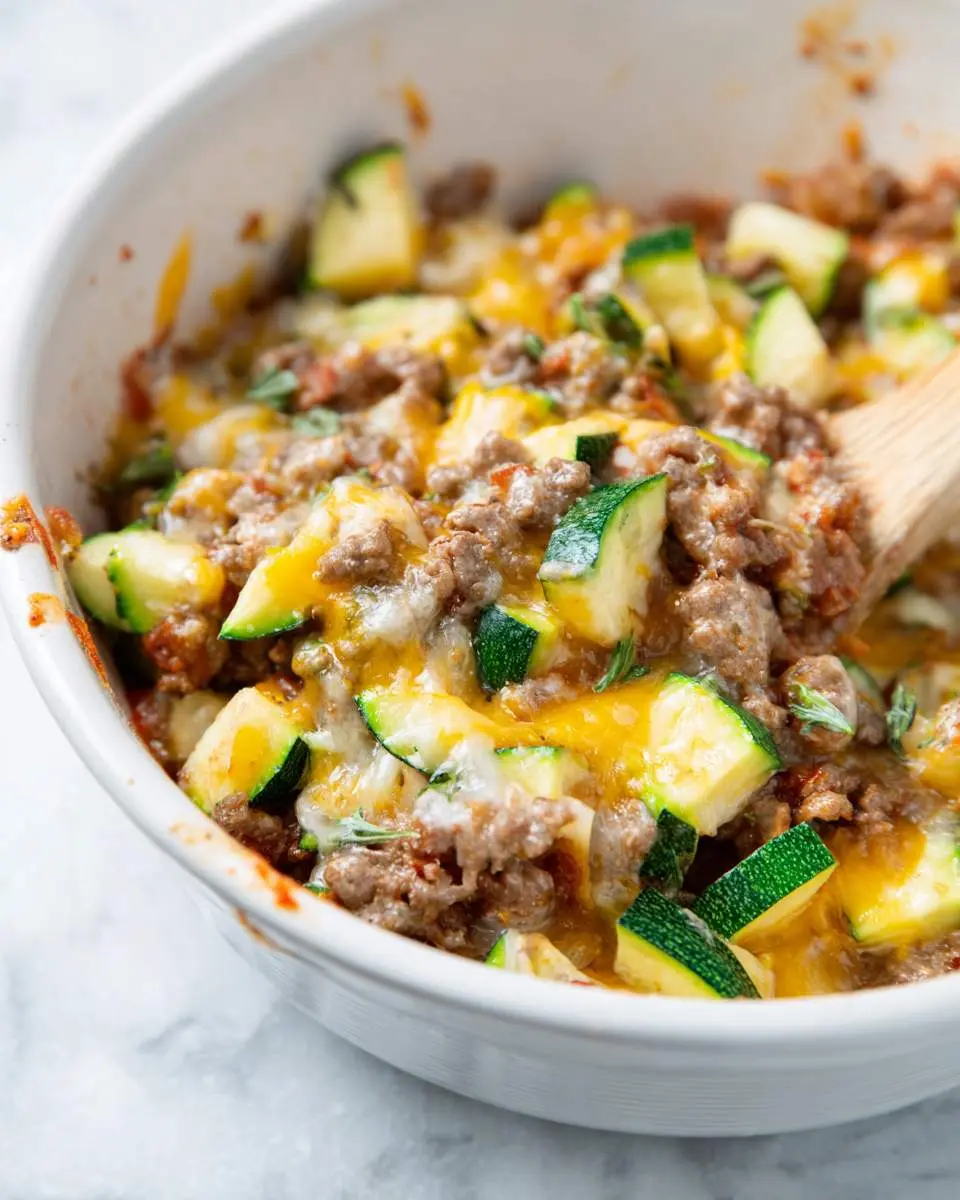 Low Carb Ground Beef Zucchini Casserole Recipe with melted cheese in a white baking dish and wooden spoon.