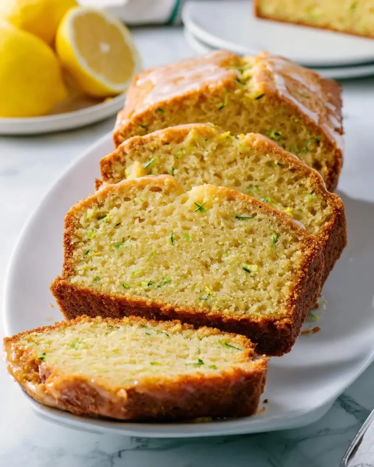 Sliced low carb Lemon Zucchini Bread with glaze on a white plate, fresh lemons in background.